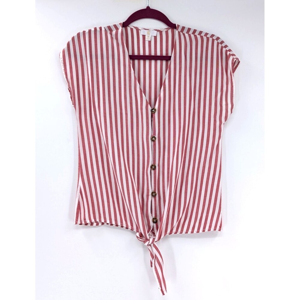 C Short Sleeve Red White Button Up V-Neck Tie Waist Blouse Top Size Medium